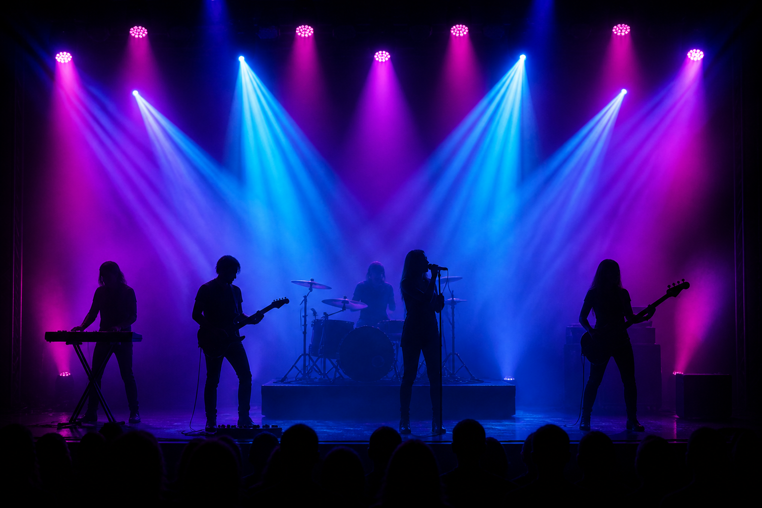 Stage lit with coloured LED wash lights and visible light beams in a slight haze, performers silhouetted