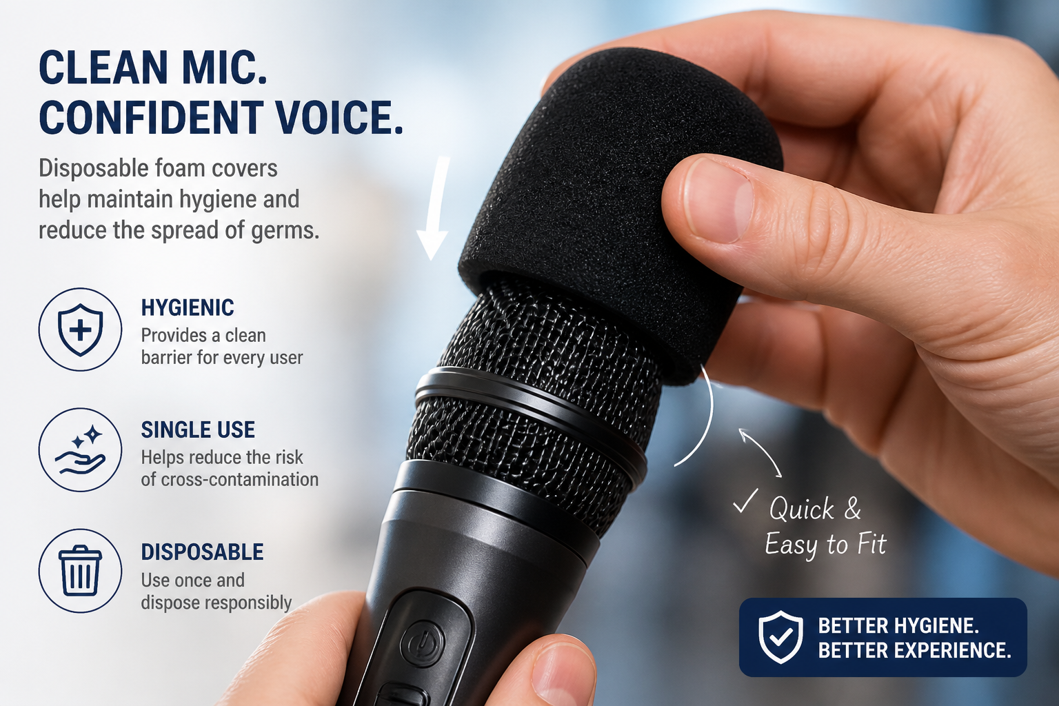 Disposable foam microphone cover being fitted onto a cordless mic