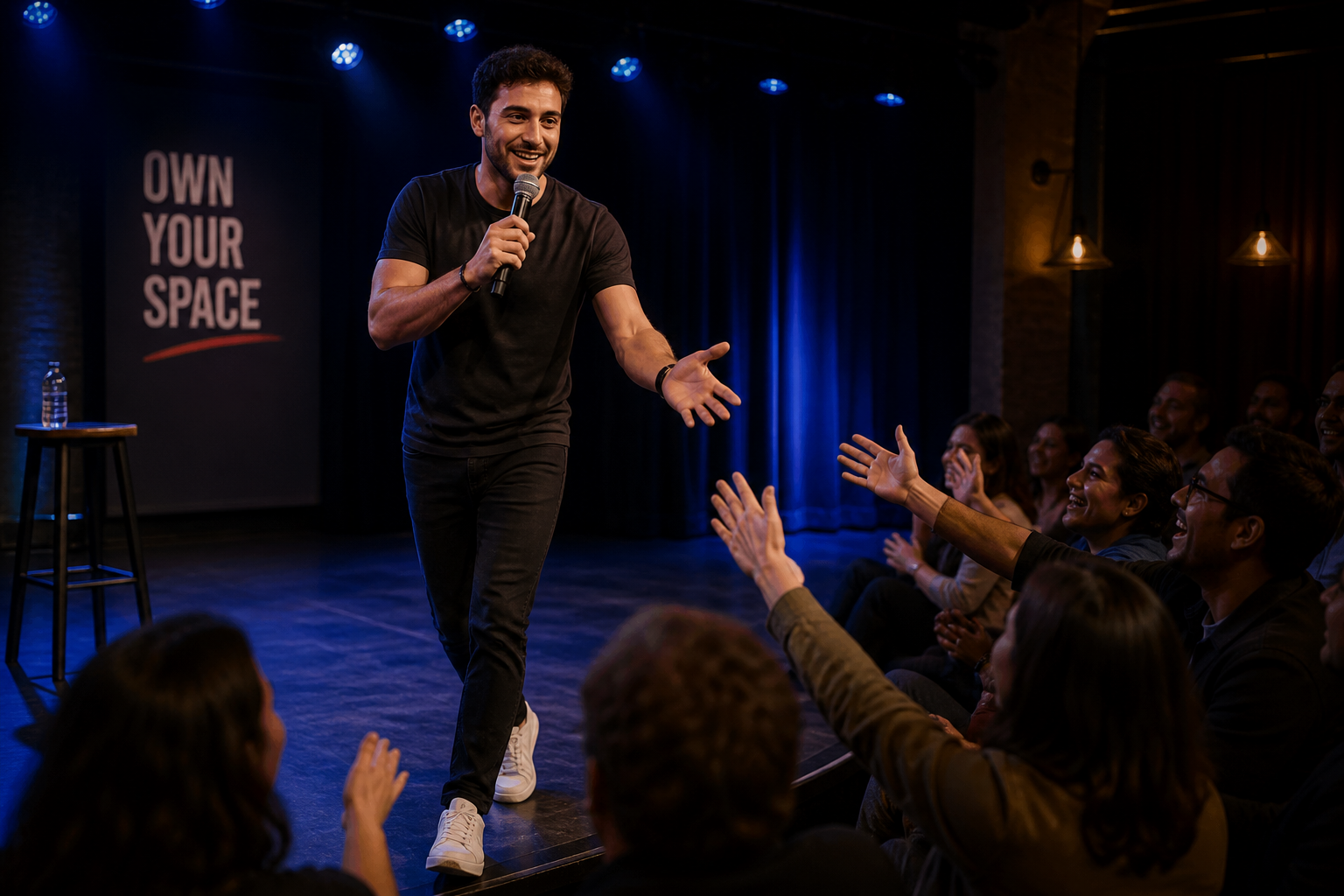 Performer on a small stage using a wireless microphone and moving towards the audience