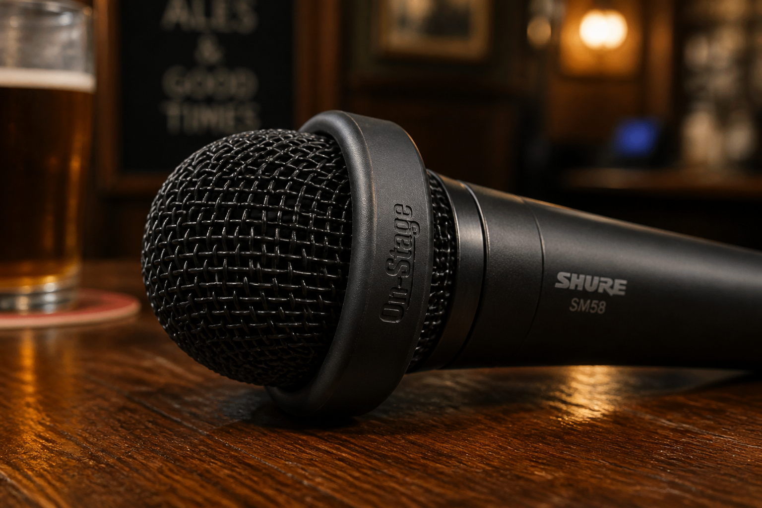 Microphone fitted with an anti-roll ring sitting securely on a pub table