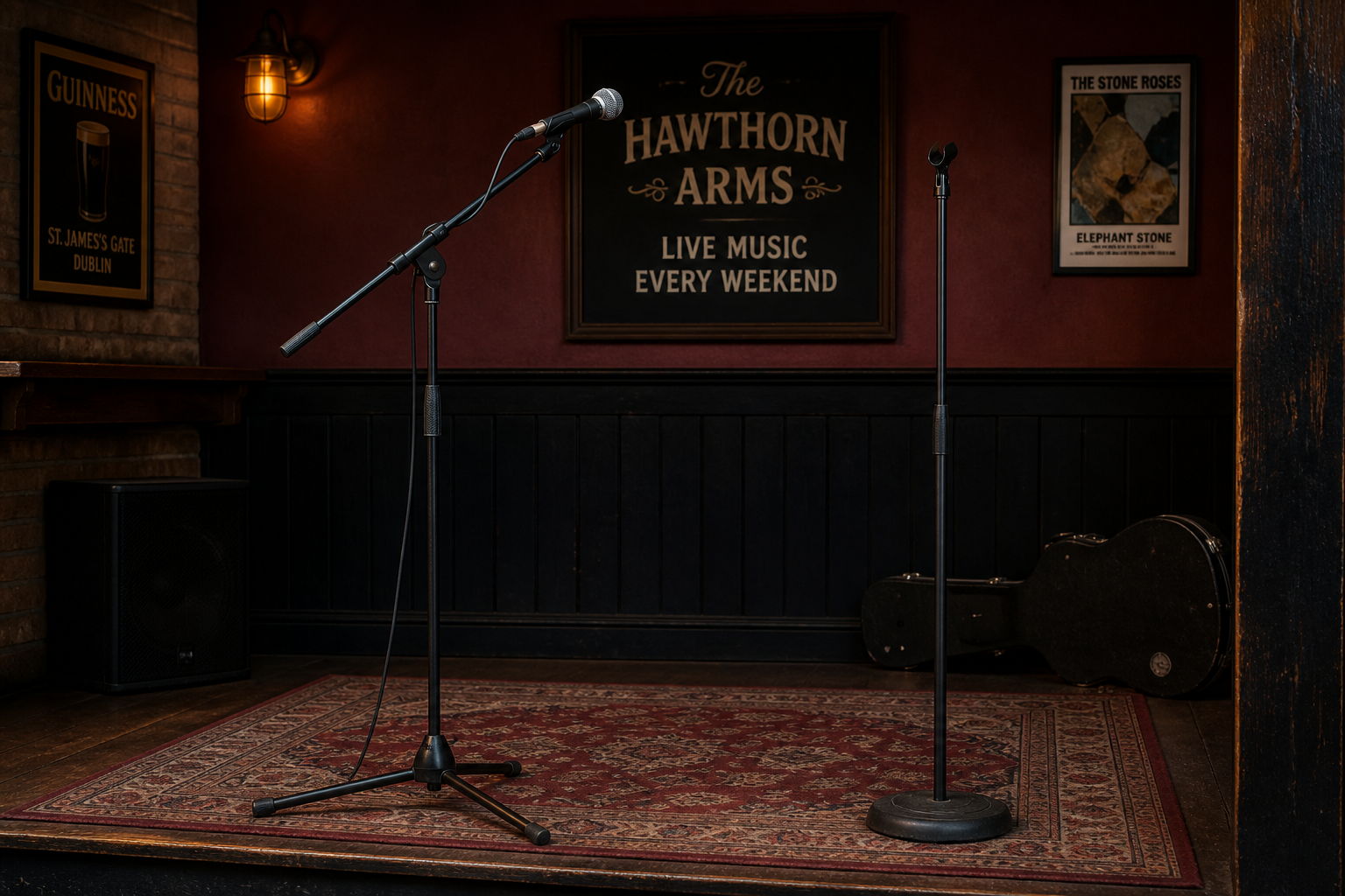 Boom stand and straight stand on a small pub stage, one with a mic secured to it