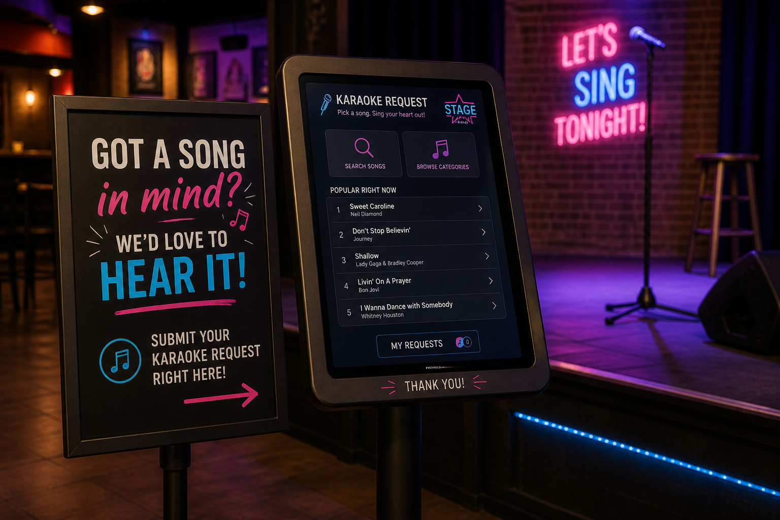 Tablet kiosk on a stand near the stage showing a karaoke song request interface