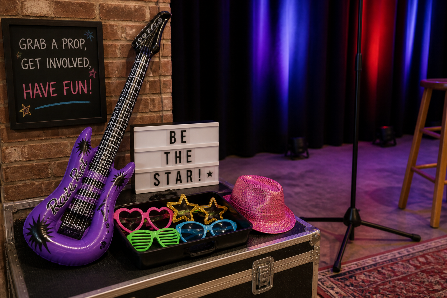 Small selection of karaoke props including an inflatable guitar and novelty glasses staged near the performance area