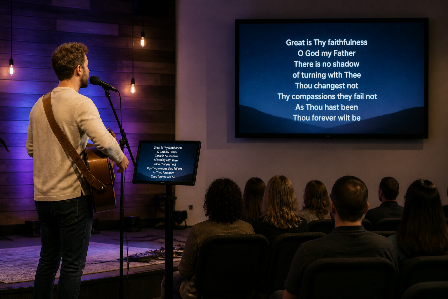 Singer monitor at the front of a stage and a larger wall-mounted audience screen both displaying karaoke lyrics