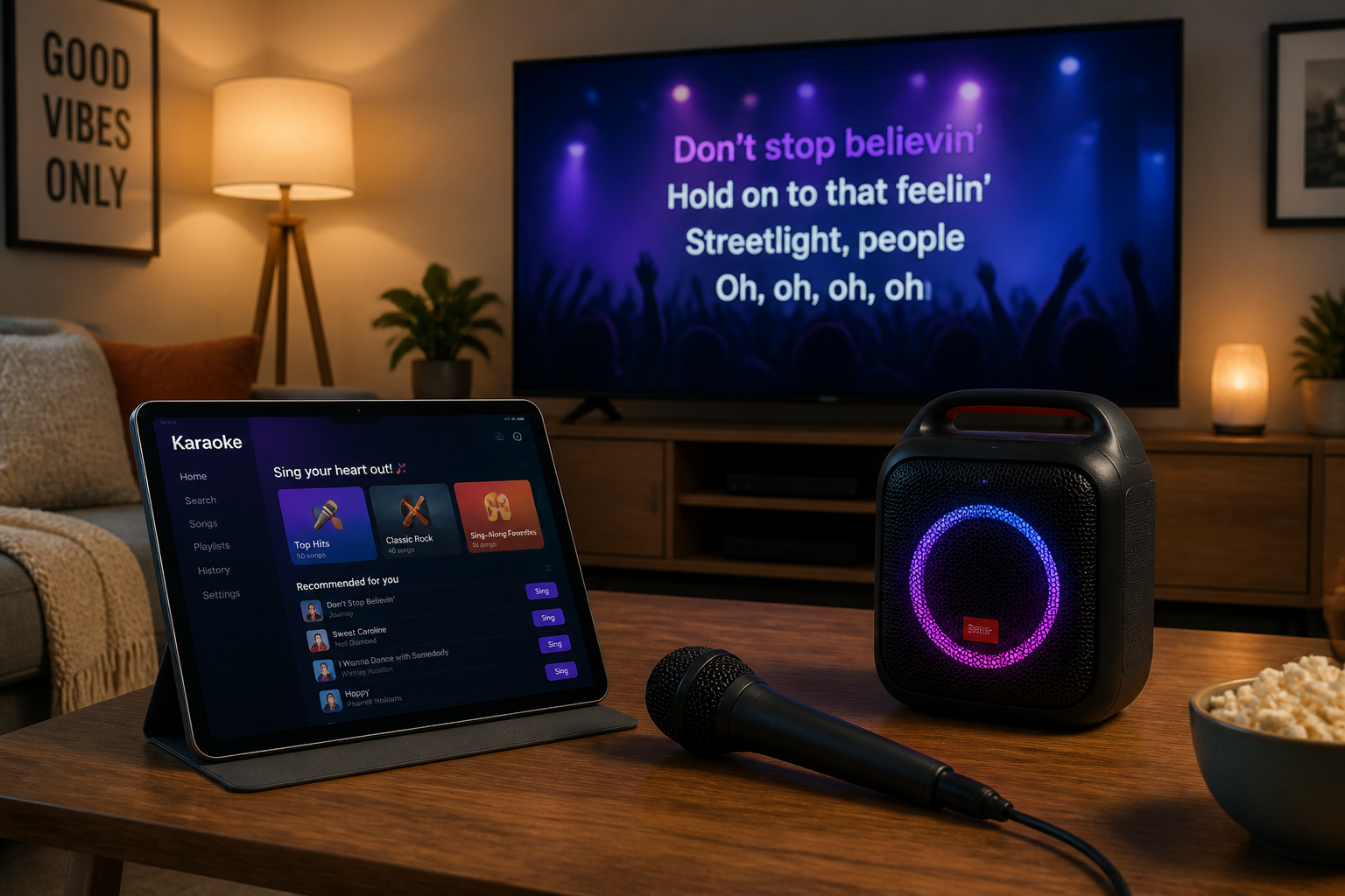 Casual living-room home karaoke set with a tablet, TV, microphone and speaker