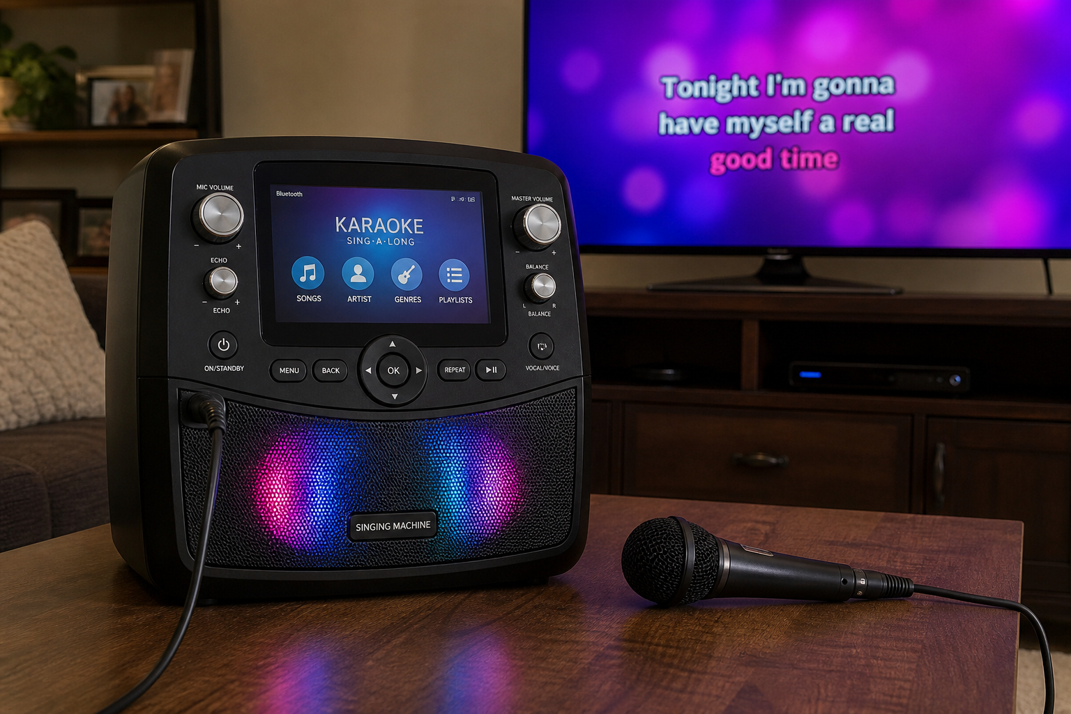 Consumer all-in-one karaoke machine with microphone and TV in the background