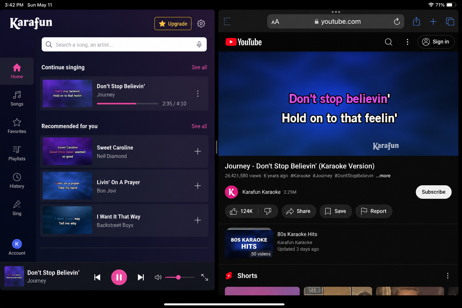 Karafun app interface and a YouTube karaoke video displayed on a tablet