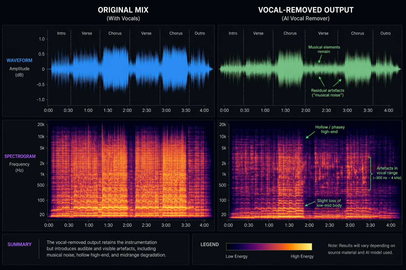 Waveform and spectrogram comparison showing original audio versus a vocal-removed output with visible separation artefacts