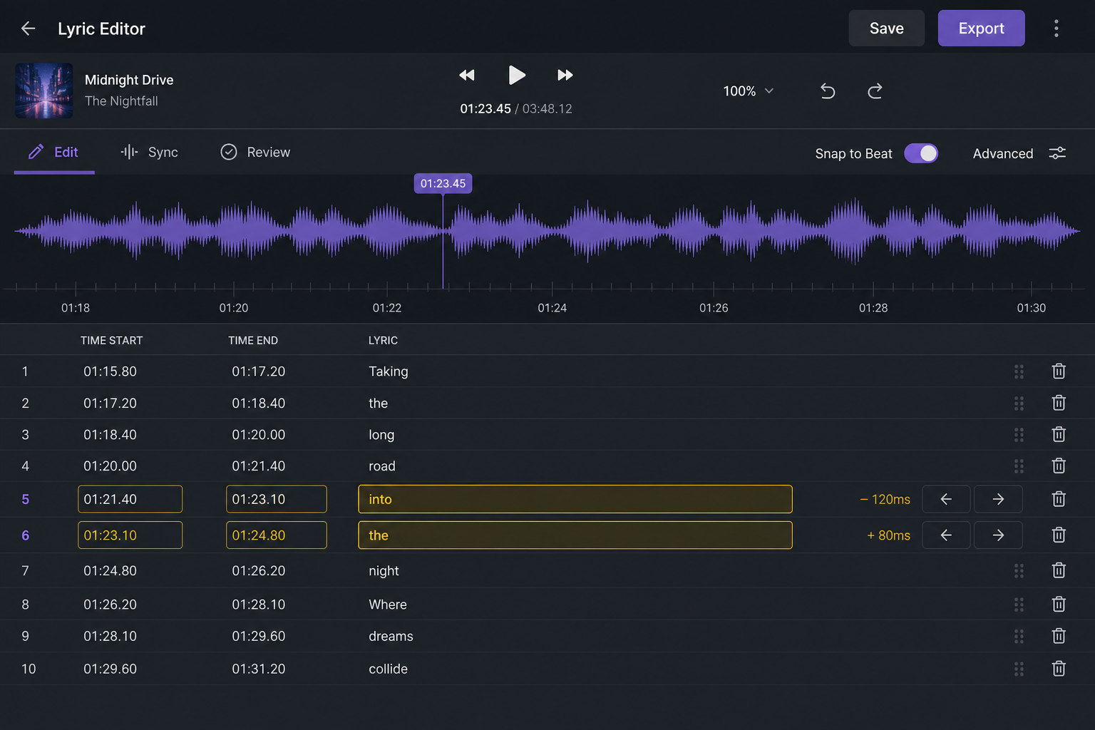 Lyric editor showing timestamped words under a waveform, with selected words highlighted for timing adjustment