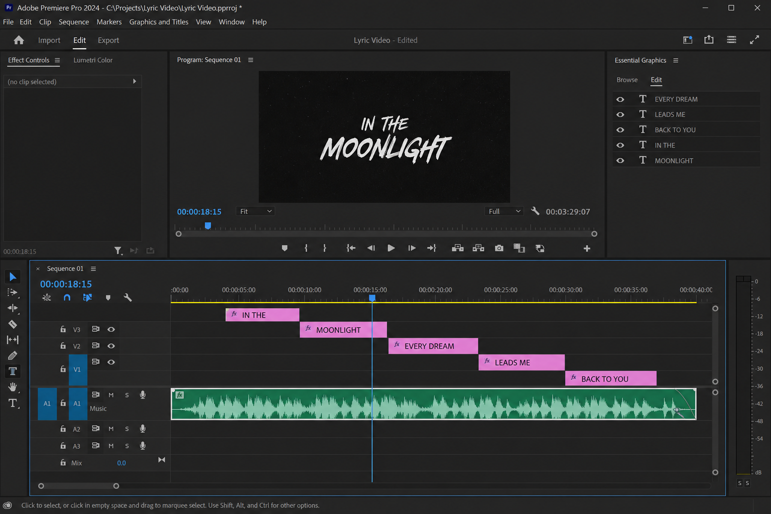 Premiere Pro timeline showing an audio waveform with multiple lyric text layers timed to the music for karaoke video creation