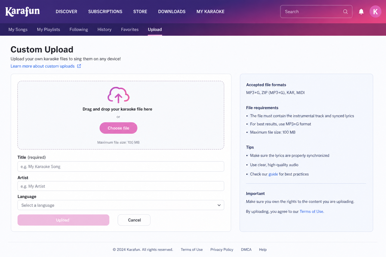 KaraFun custom song upload interface for creating karaoke tracks within the platform