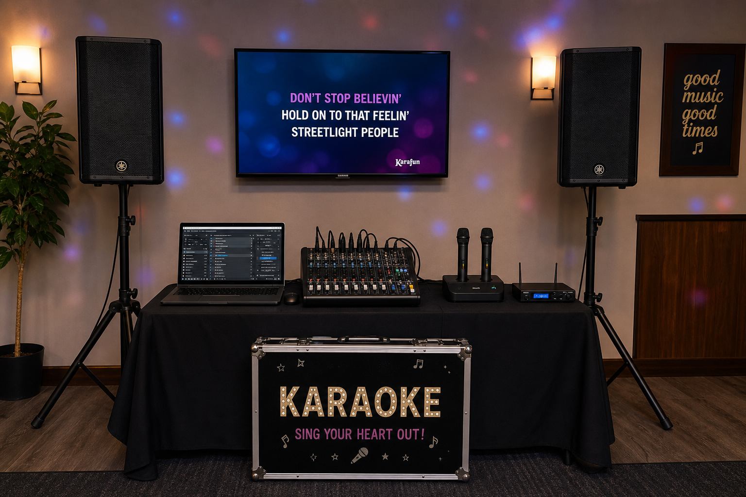Small professional karaoke setup showing laptop, mixer, PA speakers and wireless microphones