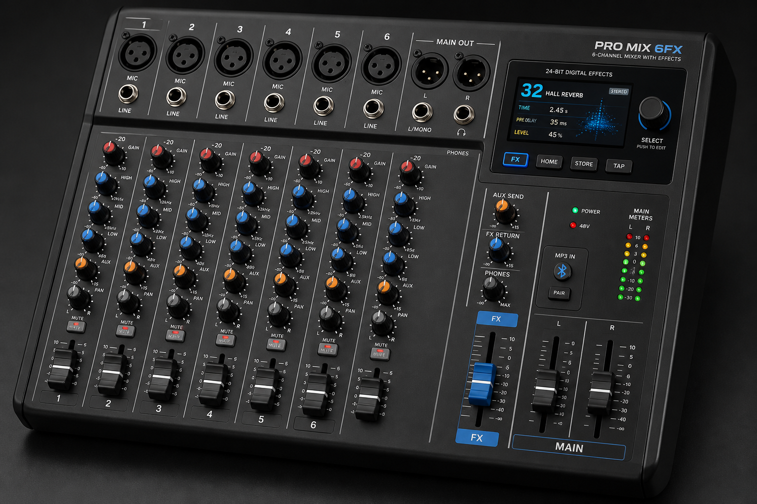 Compact audio mixer with XLR inputs and built-in effects, suited to a professional karaoke machine setup
