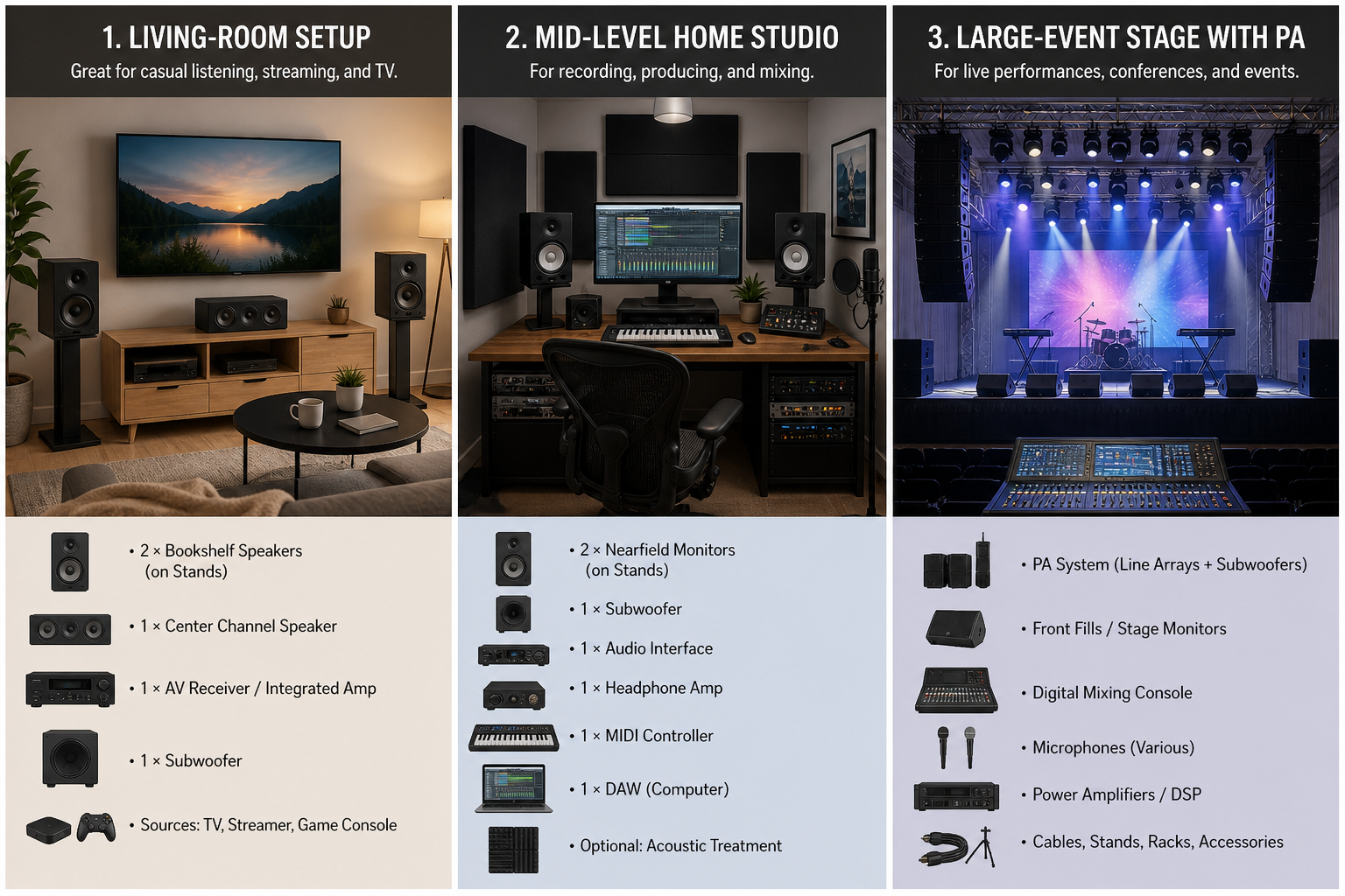 Three karaoke setup examples: living-room all-in-one, mid-level modular home setup, and large-event stage with PA