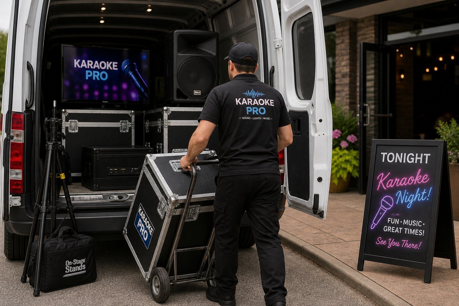 Professional karaoke equipment being unloaded from a van for a live event