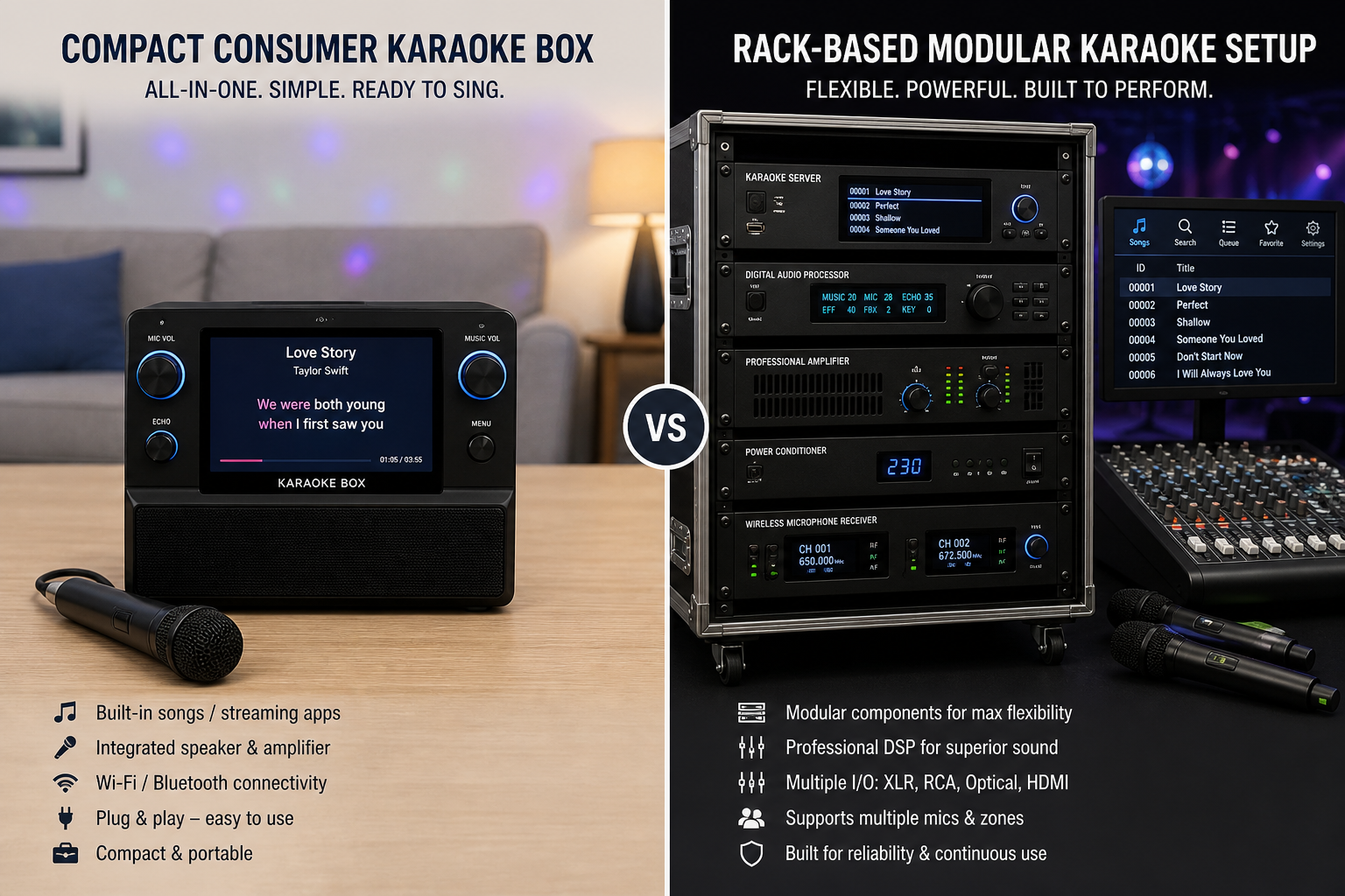Compact consumer karaoke box compared with a rack-based modular professional karaoke setup