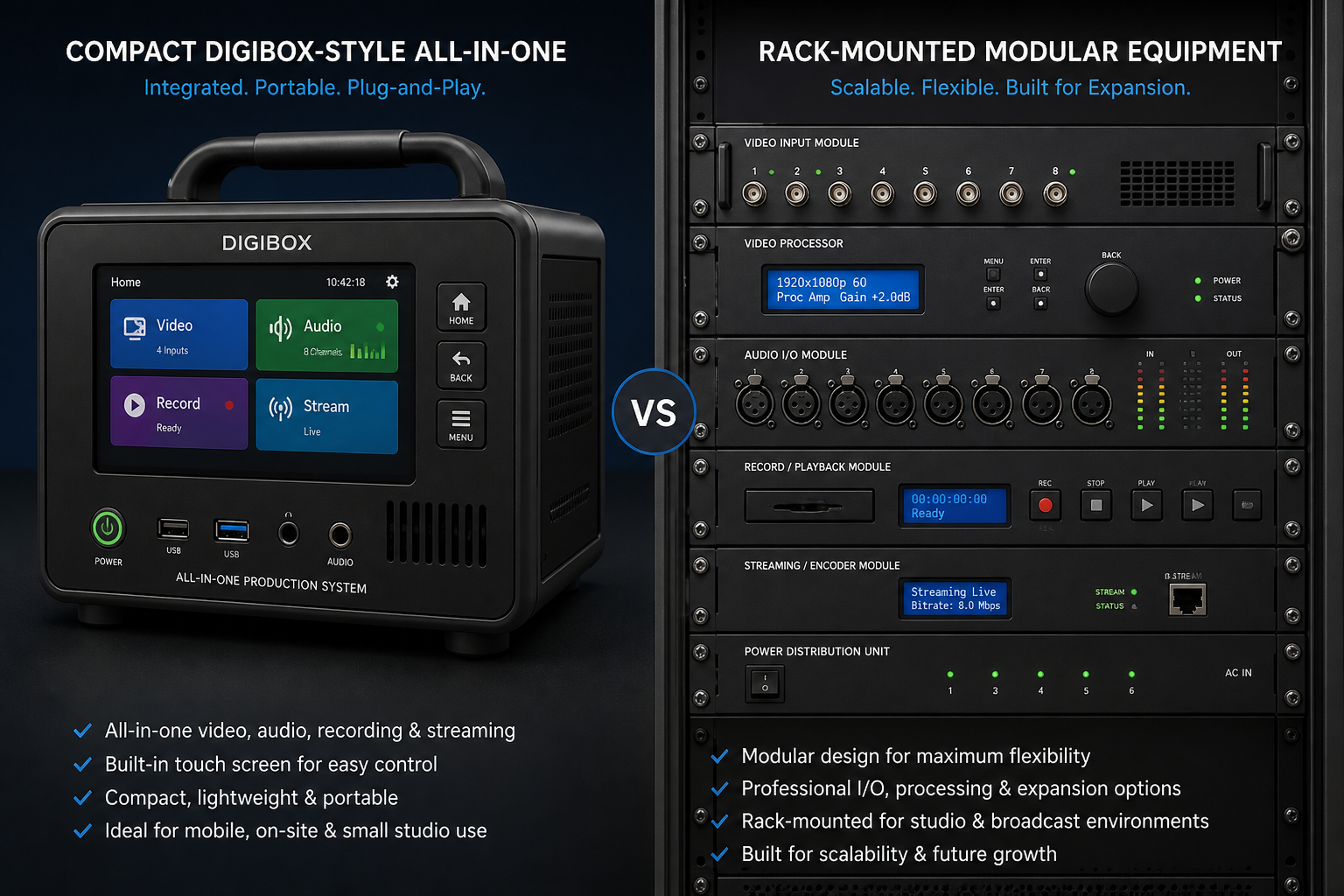 Compact all-in-one Digibox-style karaoke machine alongside a rack-mounted modular professional system