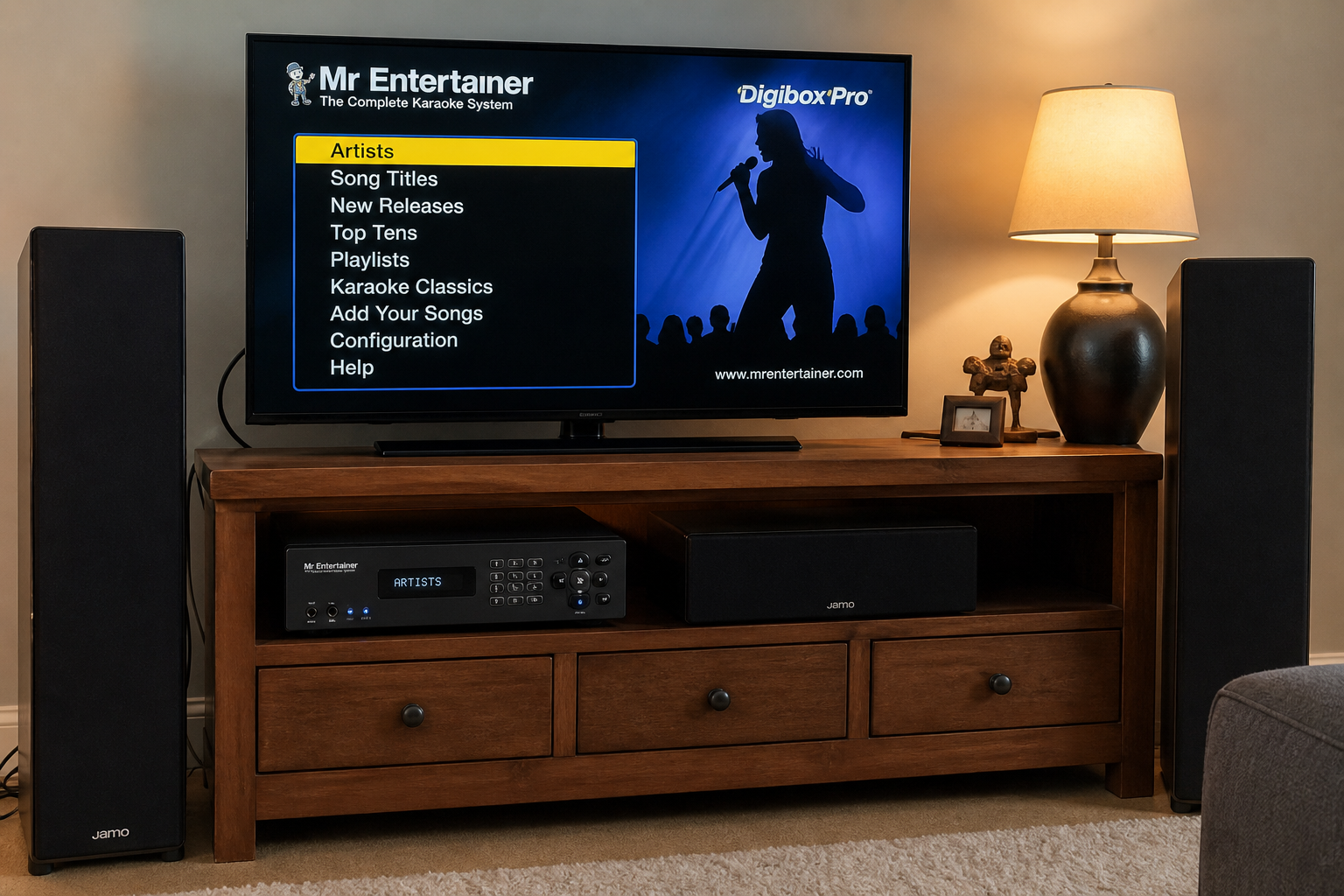 Mr Entertainer Digibox Pro connected to a TV and external speakers in a living-room karaoke setup