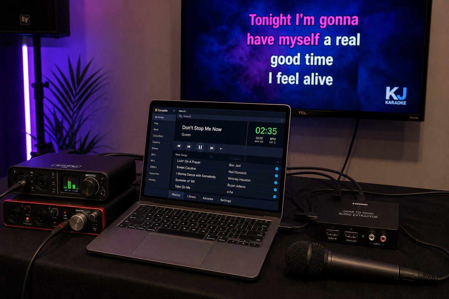 Laptop running karaoke software connected to an audio interface and HDMI display
