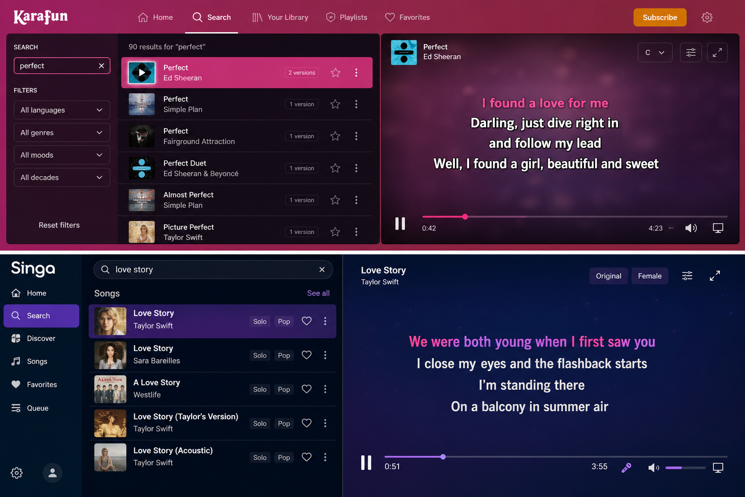 KaraFun and Singa software interfaces showing song search and lyric display features