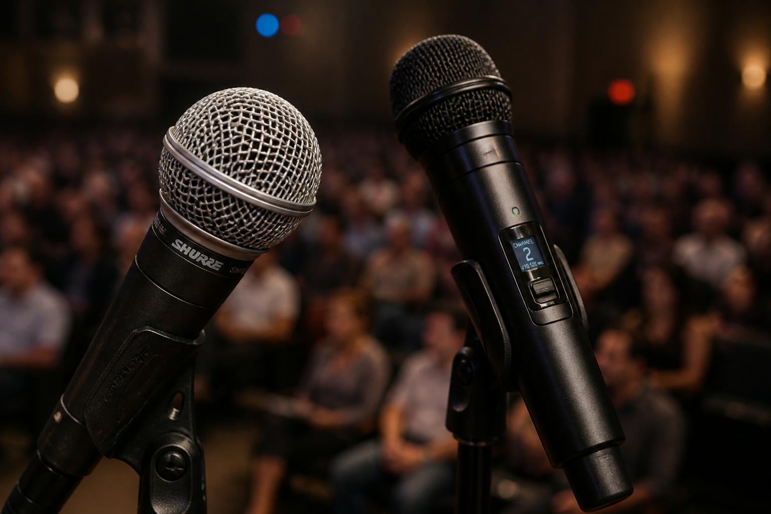 Shure SM58 wired microphone and wireless handheld mic on a stand during a karaoke performance