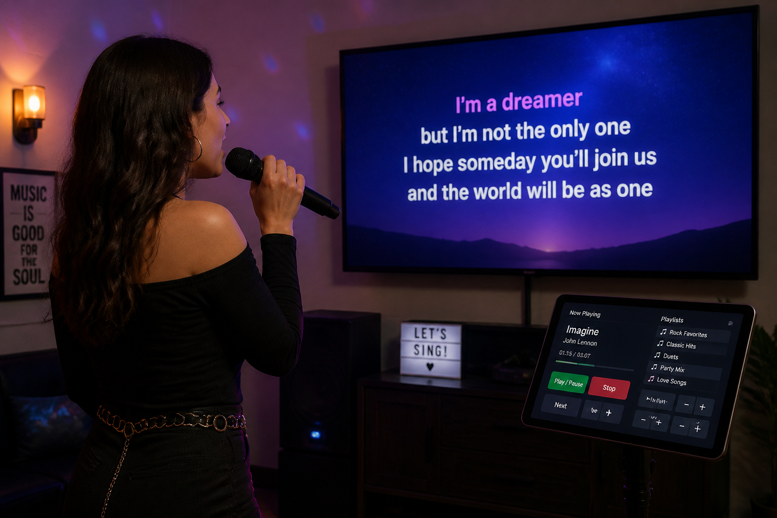 Singer performing in front of a large TV displaying karaoke lyrics, with a tablet used for operator control