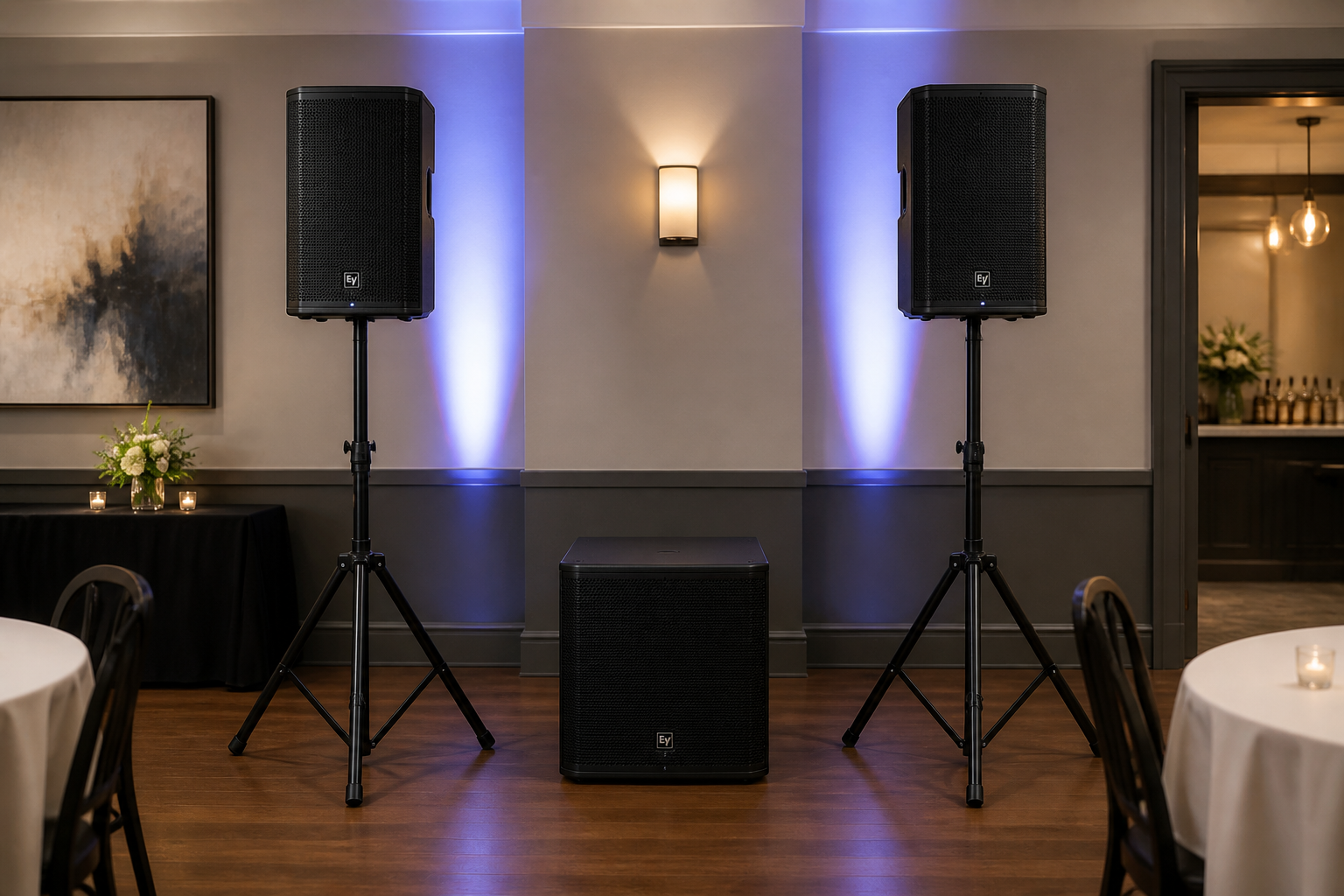 Pair of active PA speakers with a subwoofer set up in a medium-sized event space