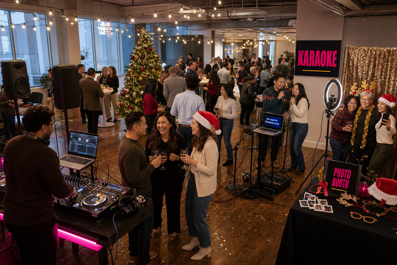 Mixed-age office Christmas party with multiple entertainment zones including a DJ area, karaoke corner and photo booth