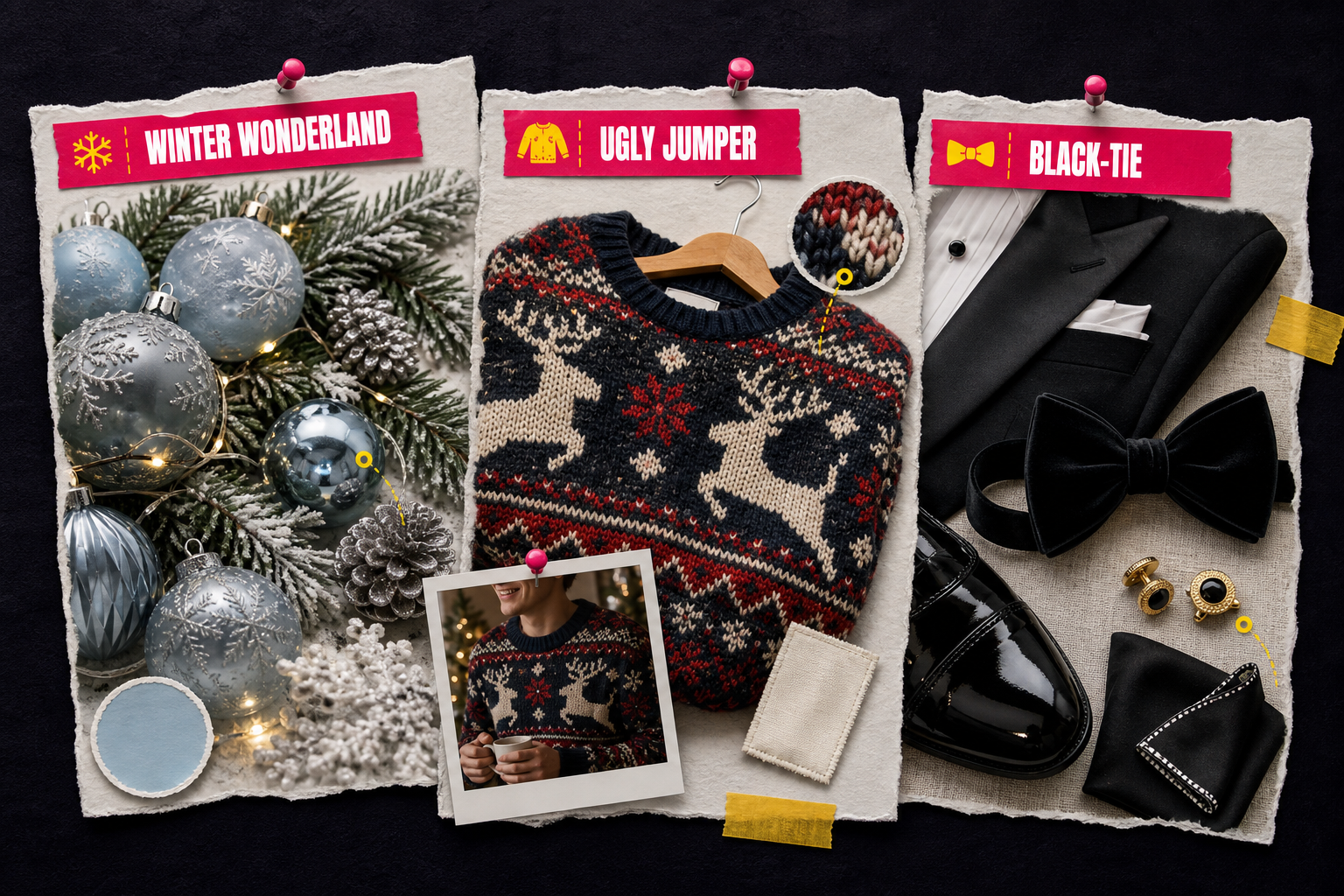 Moodboard showing Christmas party theme elements including Winter Wonderland décor, ugly jumpers and black-tie accents
