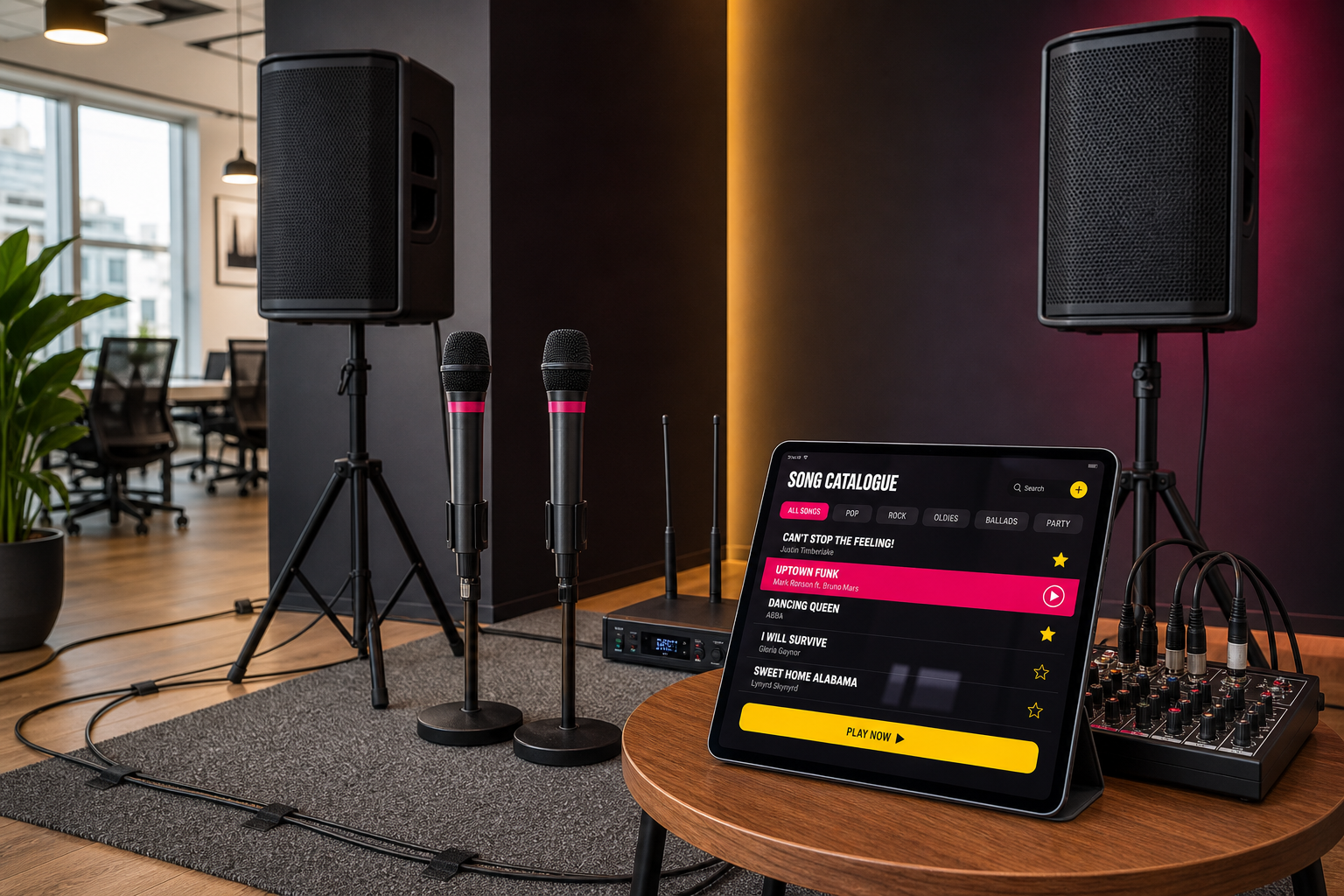 Premium karaoke machine hire setup in an office corner with PA speakers, wireless mics, lighting and a song catalogue