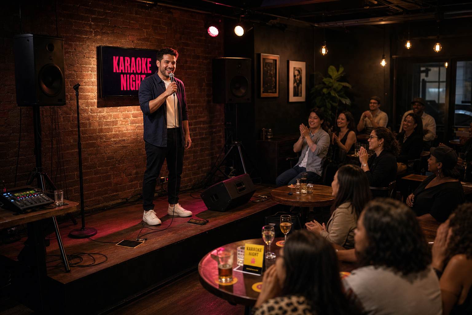 Hosted karaoke event at a venue with a host on a small stage and guests watching from a seating area