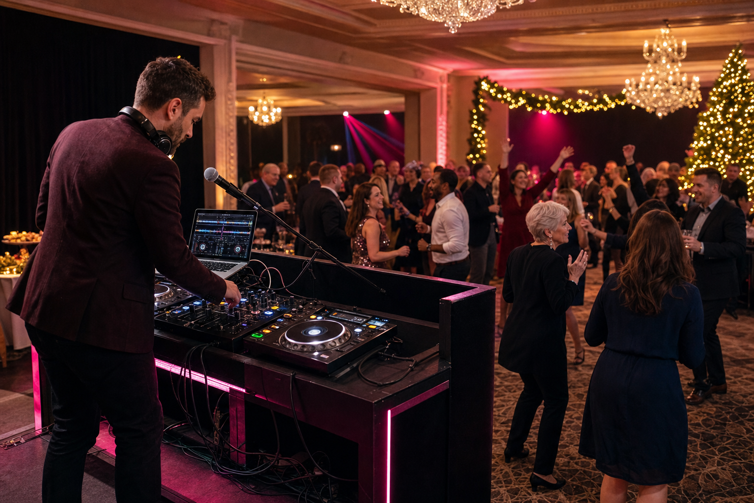 DJ booth at a corporate Christmas party with a mixed-age crowd dancing