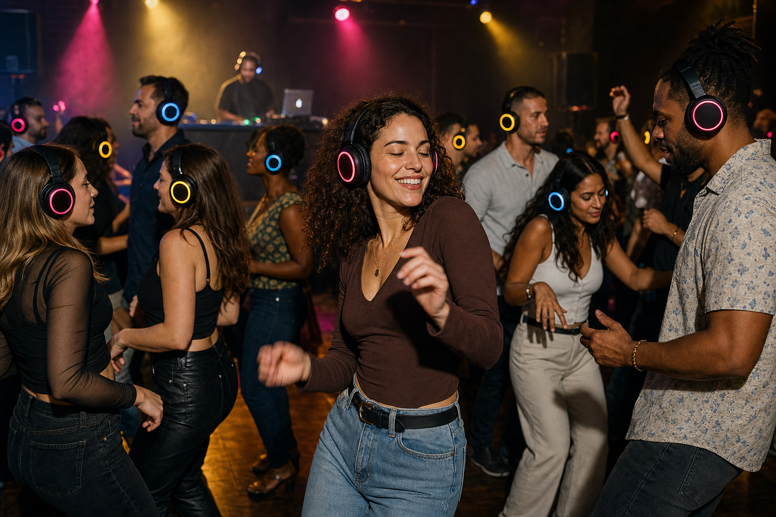 Guests wearing coloured wireless headphones on a dancefloor at a silent disco Christmas party