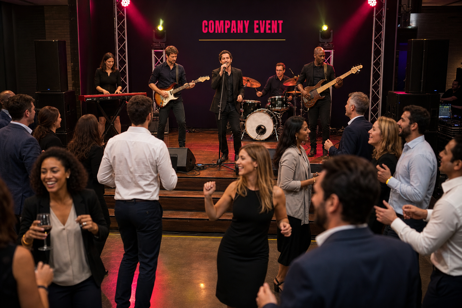 Live band performing on a small stage at a corporate Christmas party with guests dancing in front