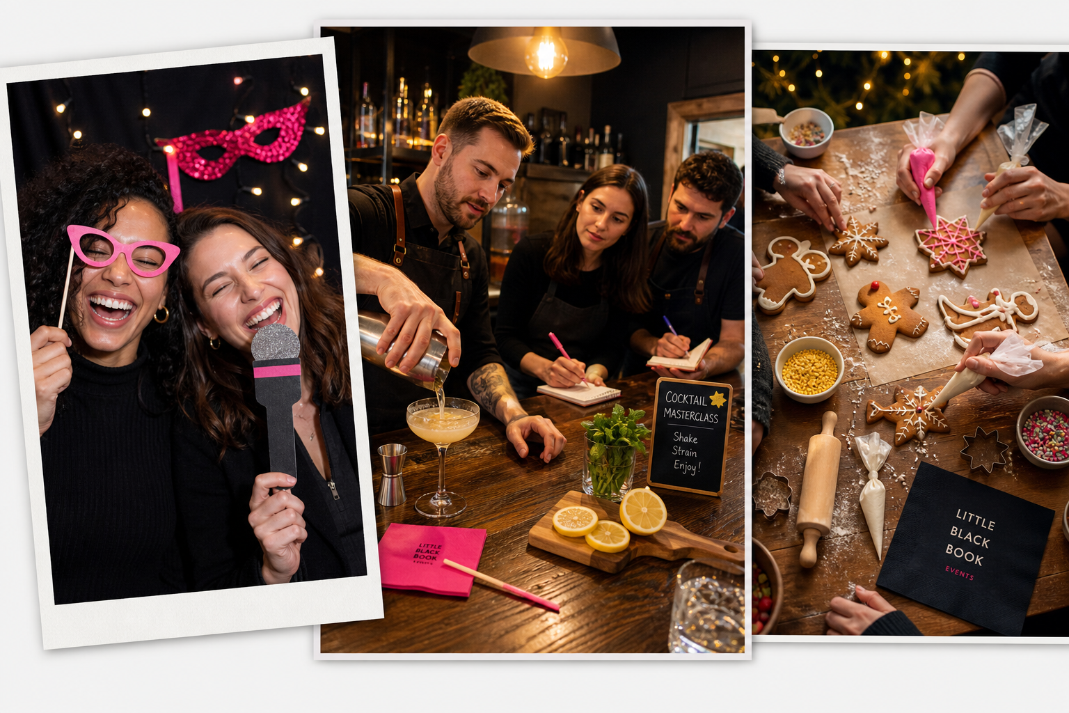 Collage of Christmas party activities including a photo booth, cocktail masterclass and gingerbread decorating table