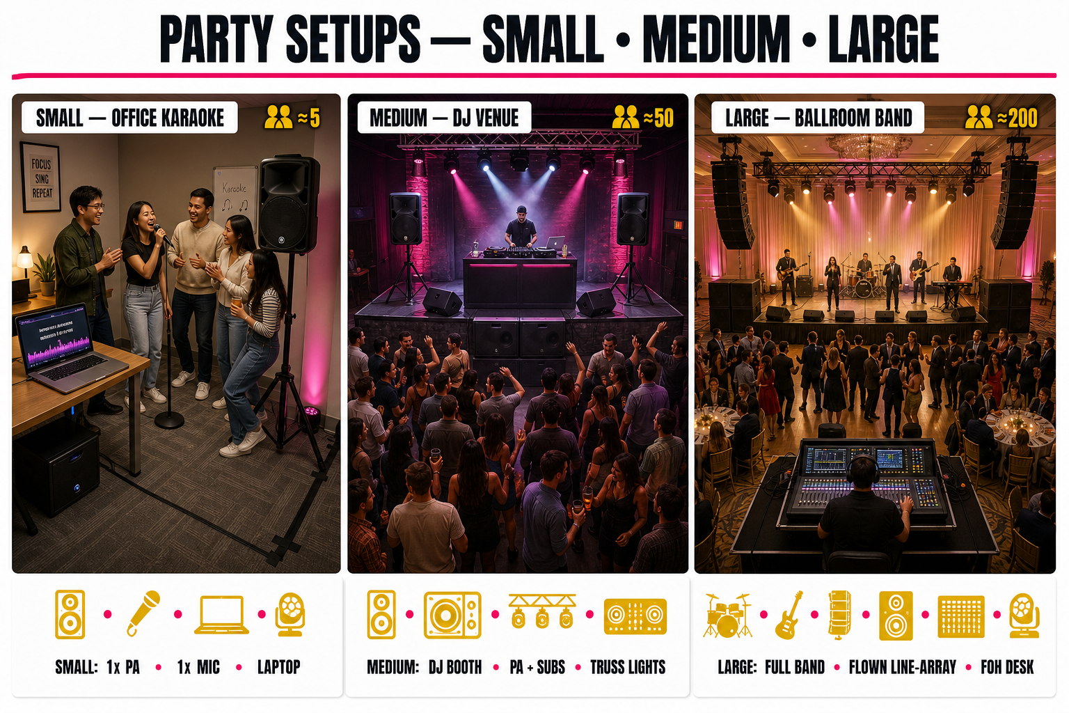 Three Christmas party setups illustrated: small office corner karaoke, medium venue with DJ, large ballroom with live band