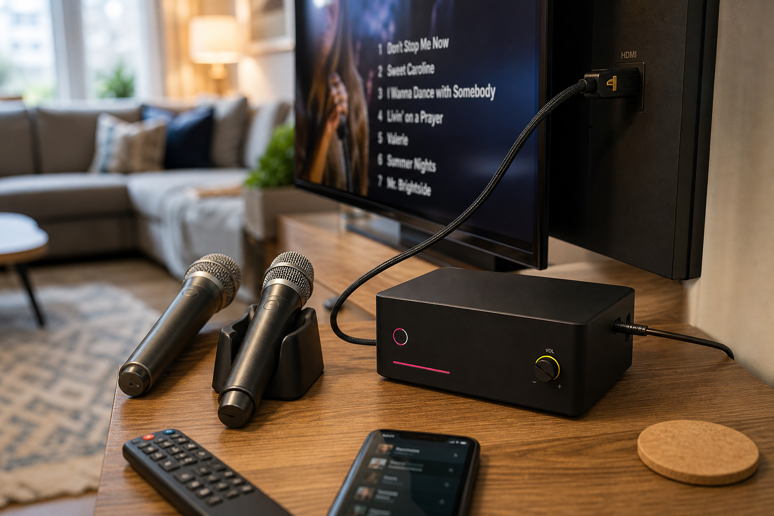 Compact hire karaoke machine with two microphones and an HDMI cable plugged into a living-room TV