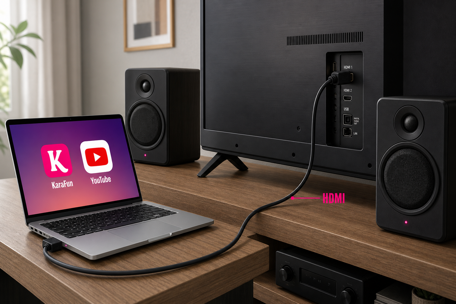 Laptop connected to a TV via HDMI cable for karaoke, with KaraFun and YouTube on screen and external speakers beside the TV