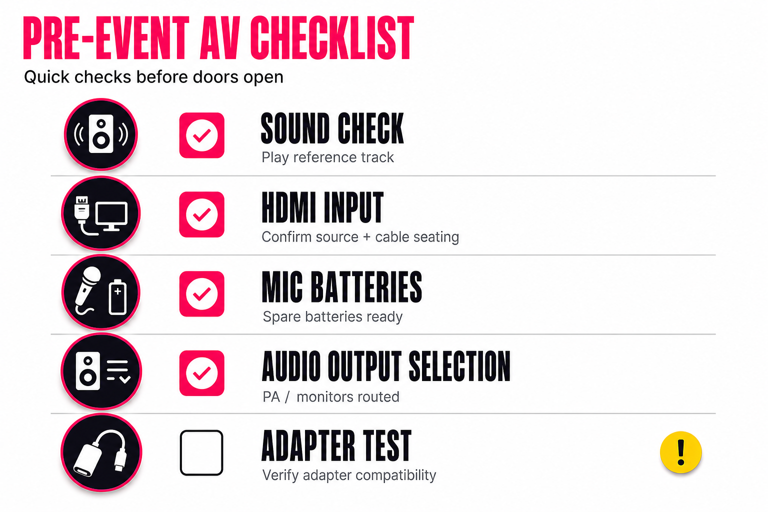 Pre-party karaoke checklist covering sound check, HDMI input, mic batteries, audio output selection and adapter test