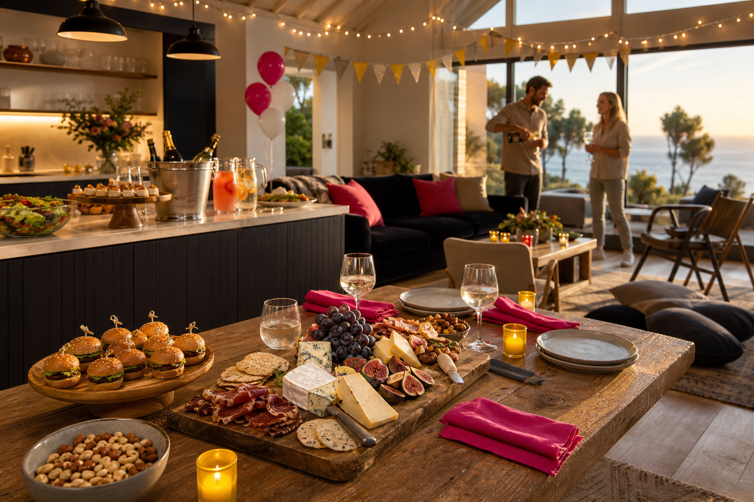 Spacious holiday house living area set up for a hen party, with food, decorations and seating