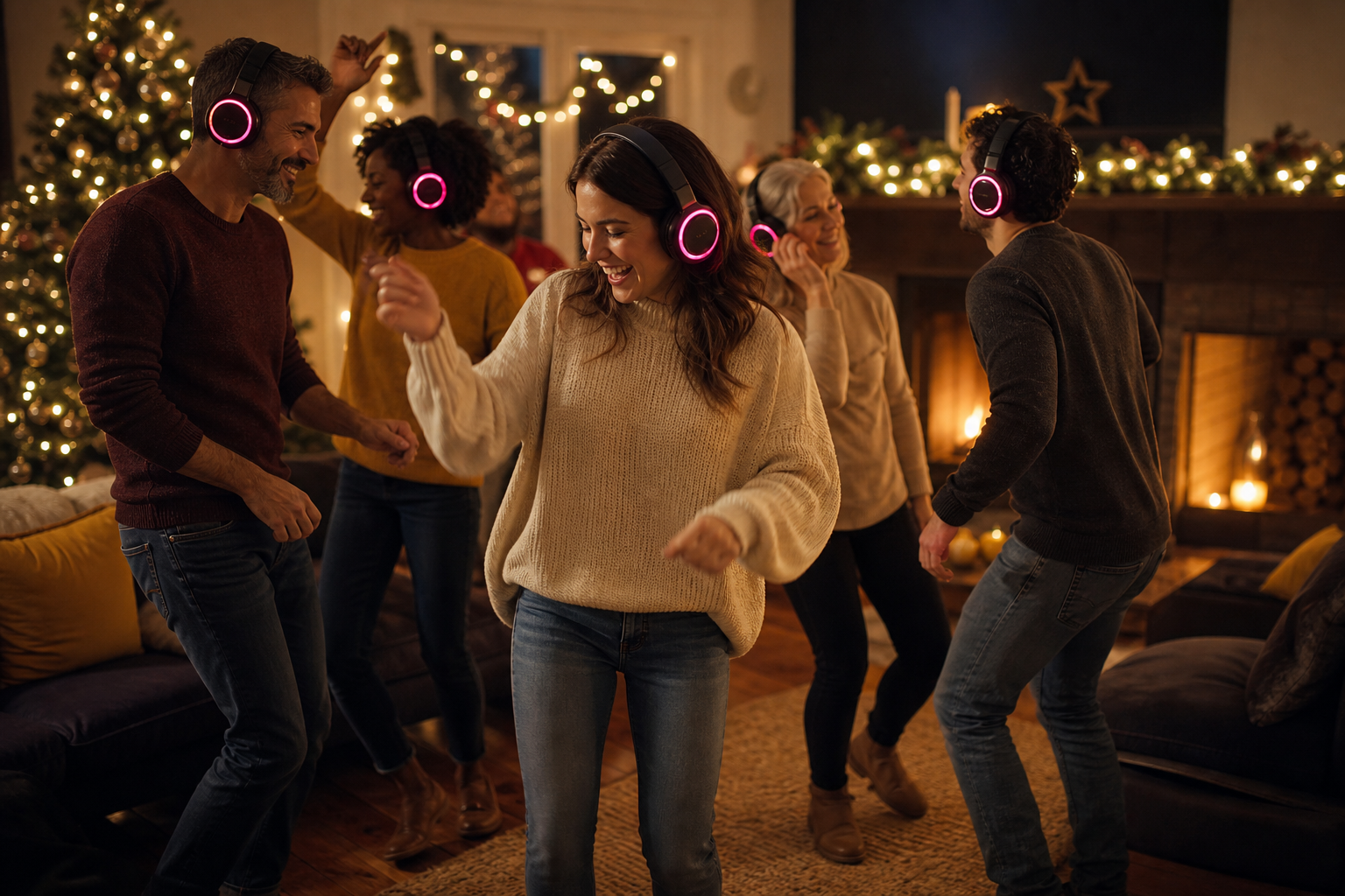 Hen party guests wearing LED wireless headphones dancing in a holiday home living room silent disco