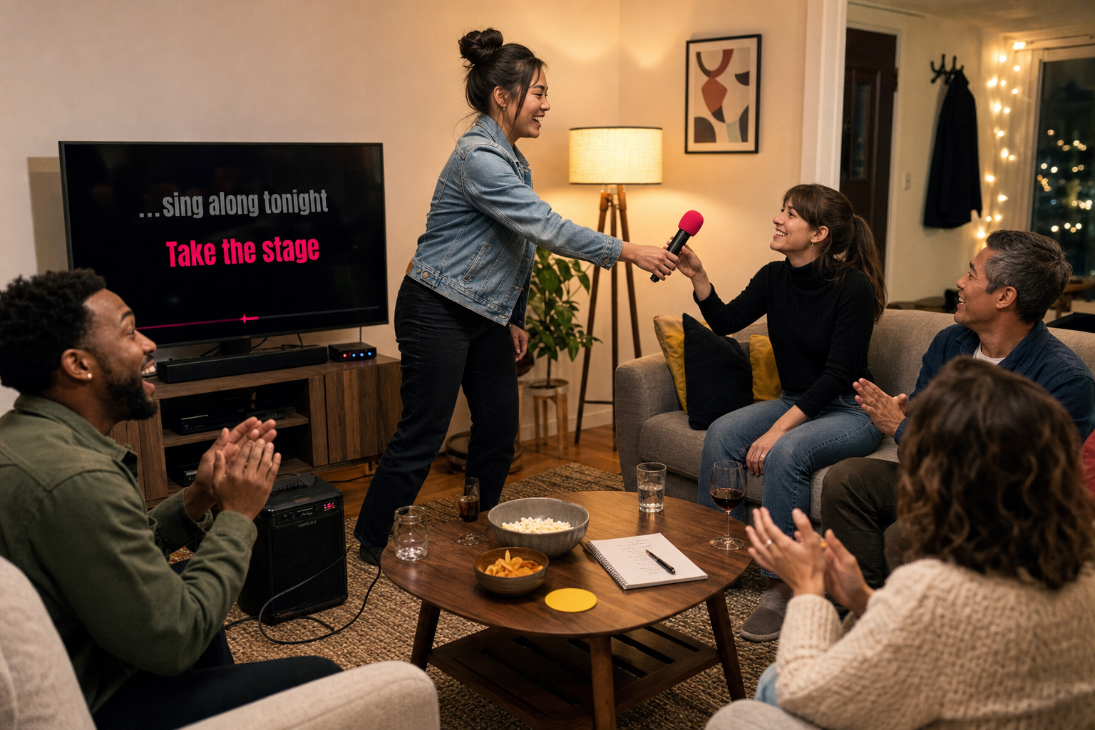 Hen party group taking turns at a karaoke microphone with lyrics on a TV screen in a cosy rental lounge