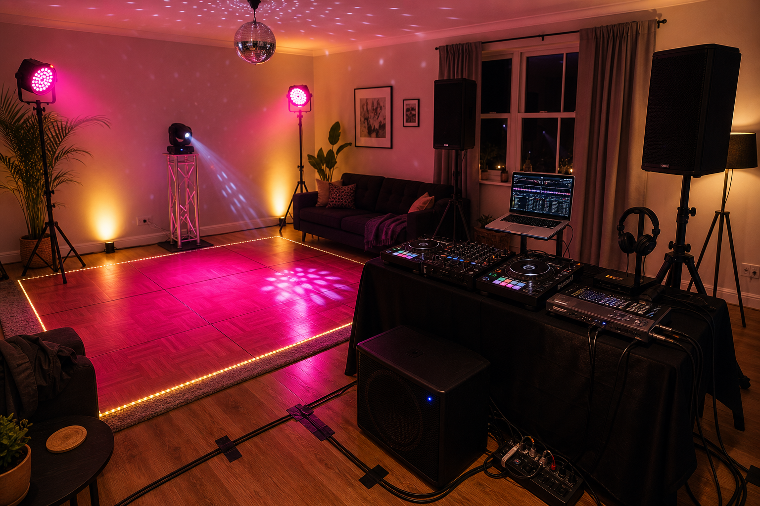 DJ booth set up in a spacious rental living area with coloured lights and a small dancefloor for a hen party