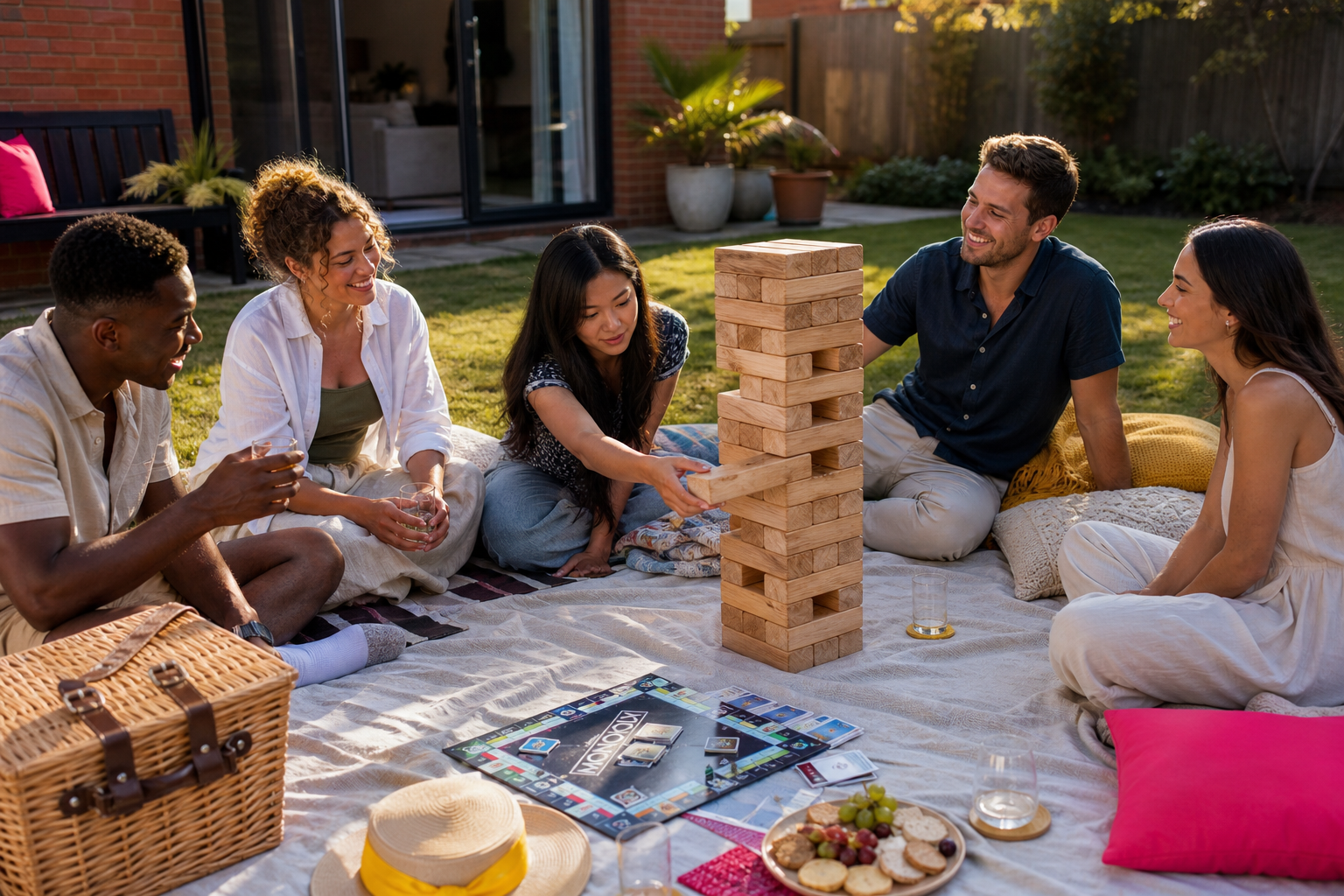 Friends playing oversized garden Jenga and board games at a hen party in a rental property garden